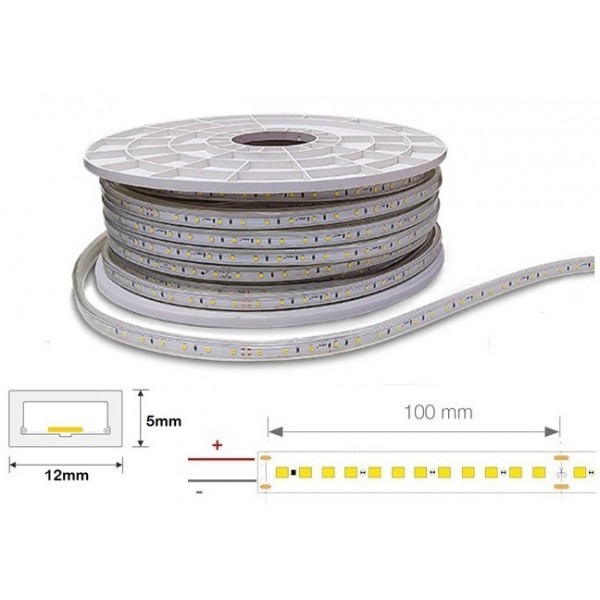 Tira LED 230V monocolor 12W/mt 120L/mt. SMD 2835 IP67 12x5mm corte cada 100mm, rollo 20mt x 7,200€/m